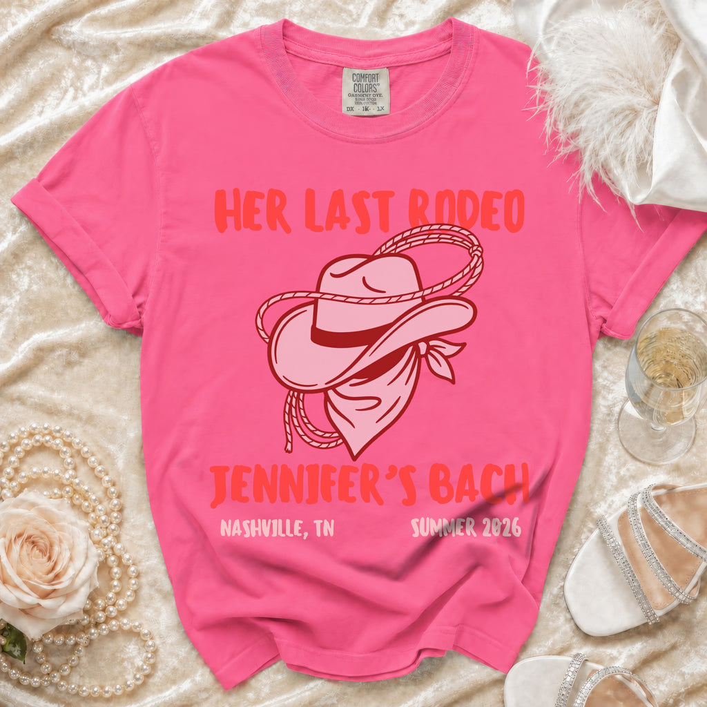 Pink t-shirt with "Her Last Rodeo" and "Jennifer's Bach" design.