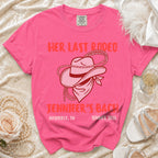 Pink t-shirt with "Her Last Rodeo" and "Jennifer's Bach" design.
