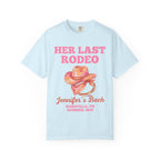 Light blue t-shirt with pink text "Her Last Rodeo" and a cowboy hat.