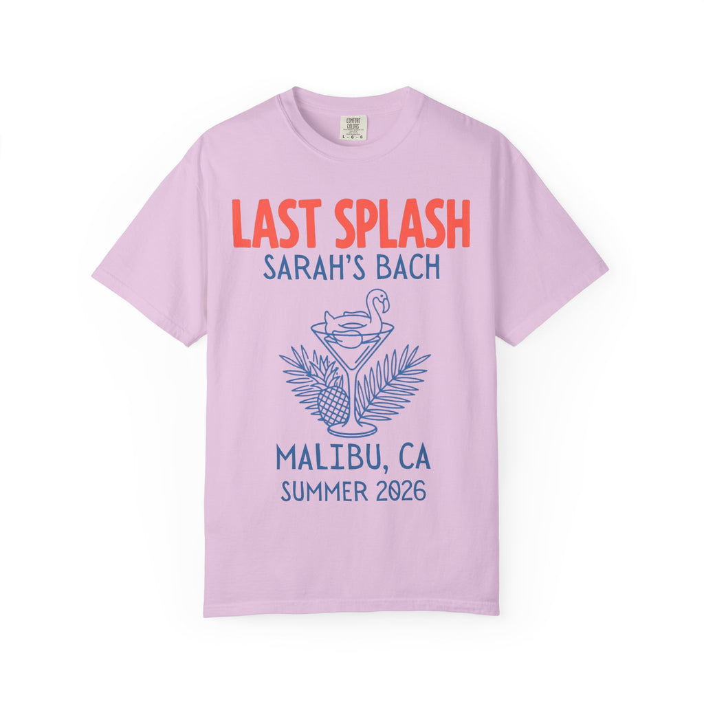 Light purple t-shirt with "Last Splash Sarah's Bach Malibu, CA Summer 2026" text and palm fronds.