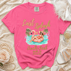 Pink t-shirt with "Last Splash Sarah's Bach Malibu, CA Summer 2026" and flamingo graphic.