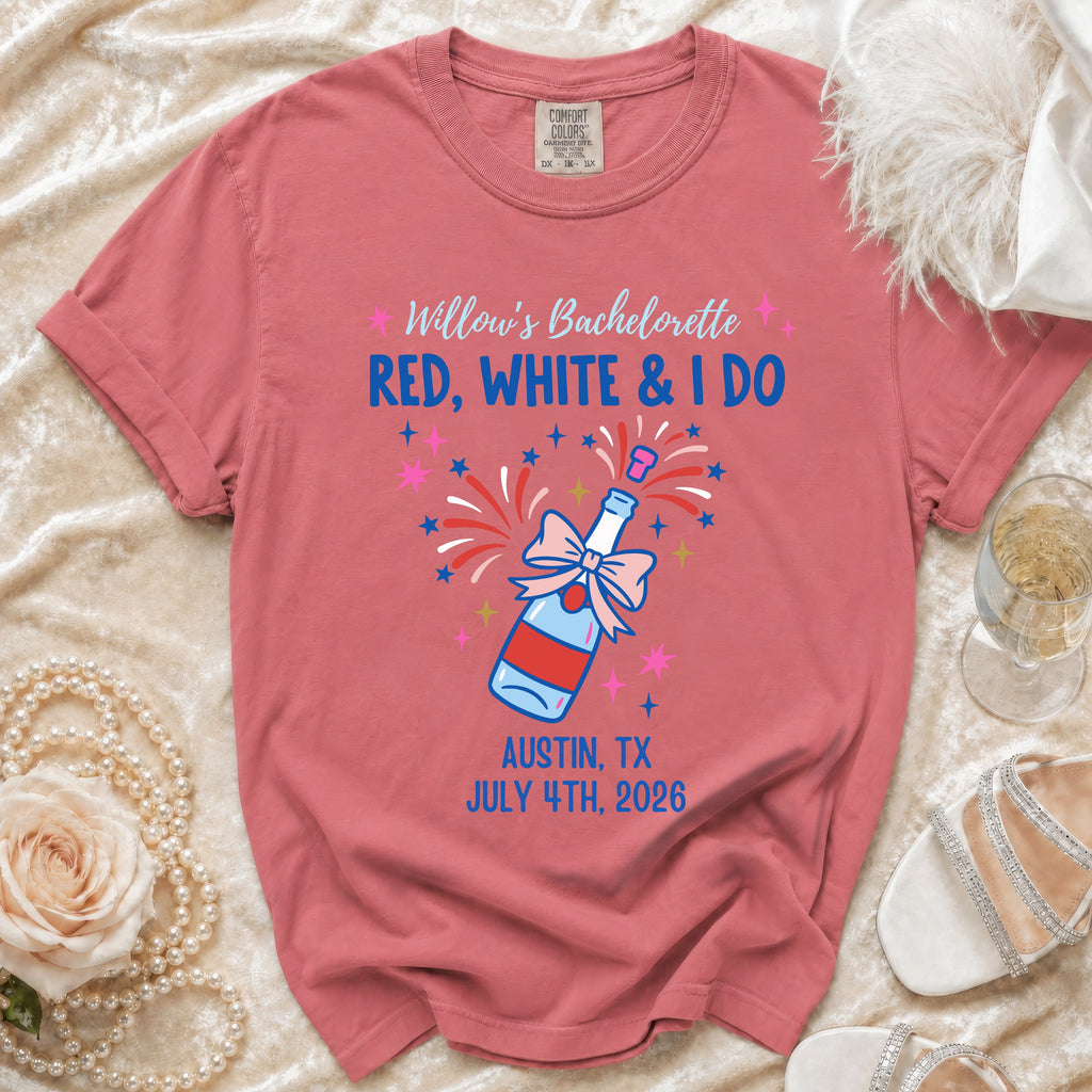 Red t-shirt with "Willow's Bachelorette" and firework design.
