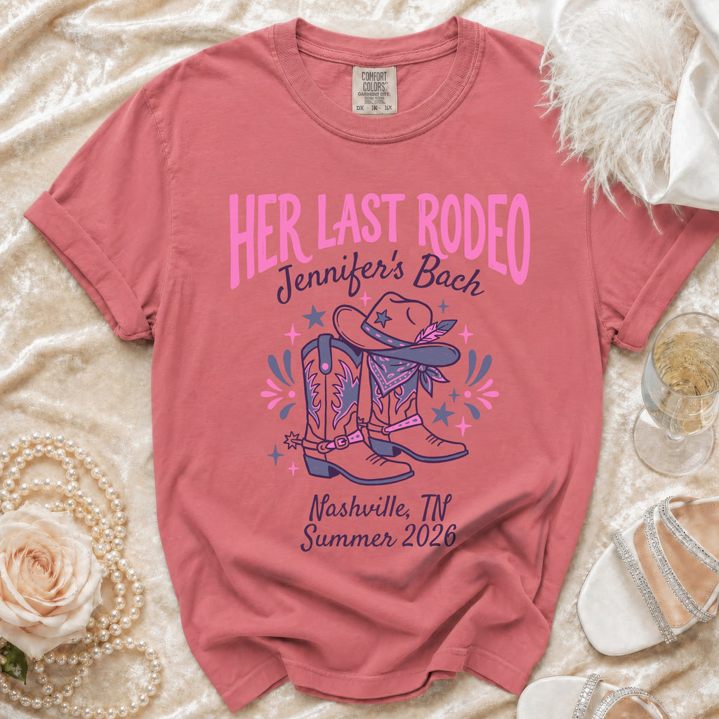 Pink t-shirt with "Her Last Rodeo" and cowboy boots graphic.