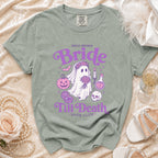 Bride and "Till Death Book Club" graphic on a sage green t-shirt.