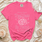 Pink t-shirt with "Olivia's Bach Reckless in Texas Austin, TX Summer 2026" text and graphics.