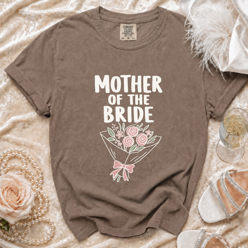 Brown t-shirt with "MOTHER OF THE BRIDE" text and floral bouquet graphic.