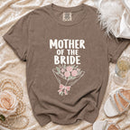 Brown t-shirt with "MOTHER OF THE BRIDE" text and floral bouquet graphic.
