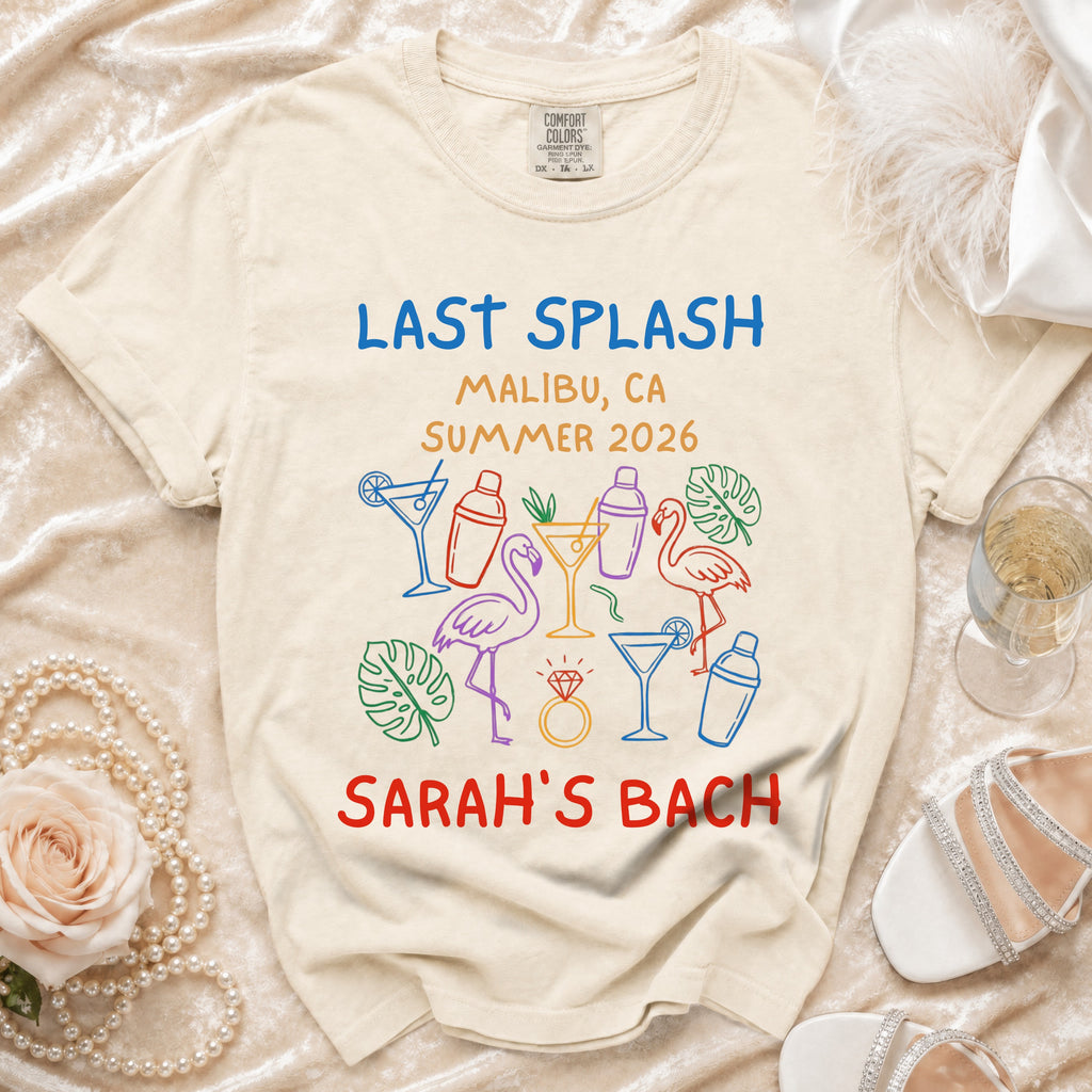 "Last Splash Malibu CA Summer 2026 Sarah's Bach" t-shirt with tropical graphics.