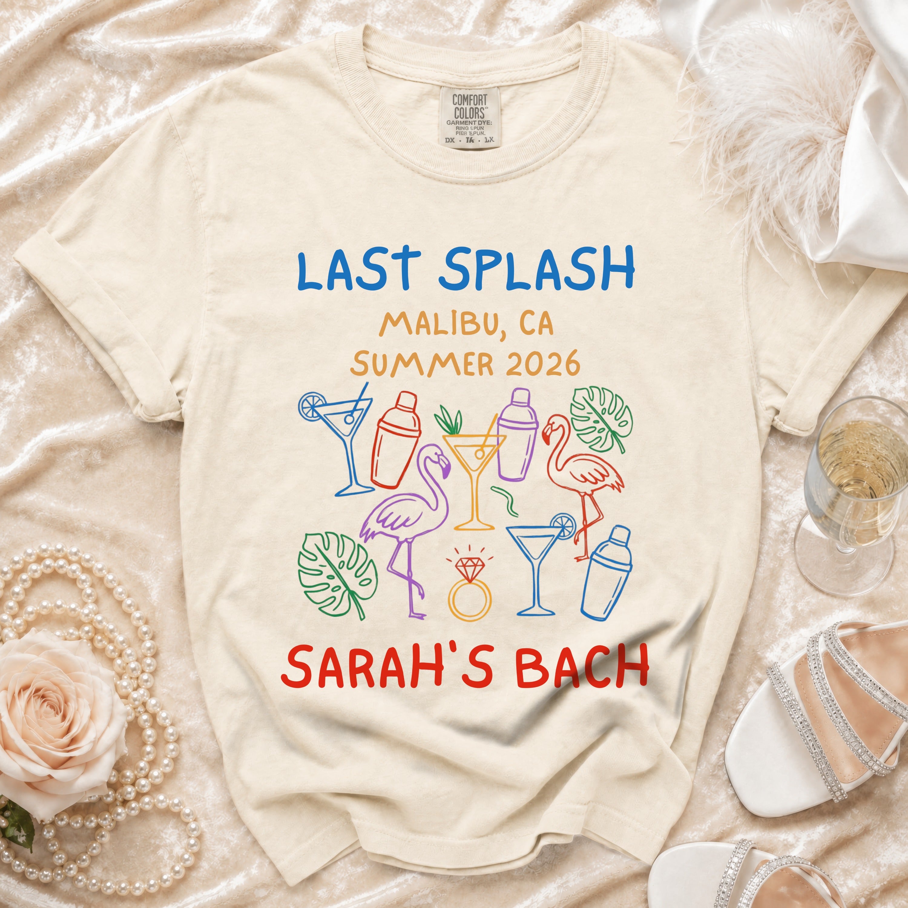 "Last Splash Malibu CA Summer 2026 Sarah's Bach" t-shirt with tropical graphics.