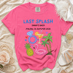 Pink t-shirt with "Last Splash Sarah's Bach Malibu, CA Summer 2026" and graphics.