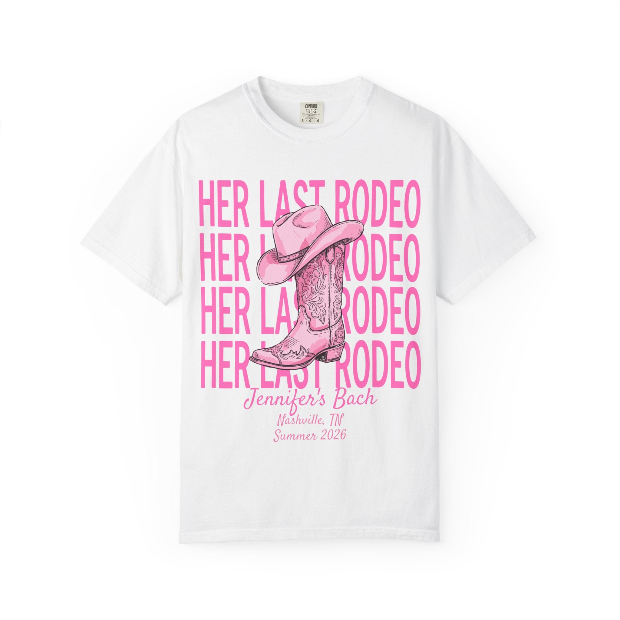 White t-shirt with "Her Last Rodeo" text and pink cowboy boot graphic.