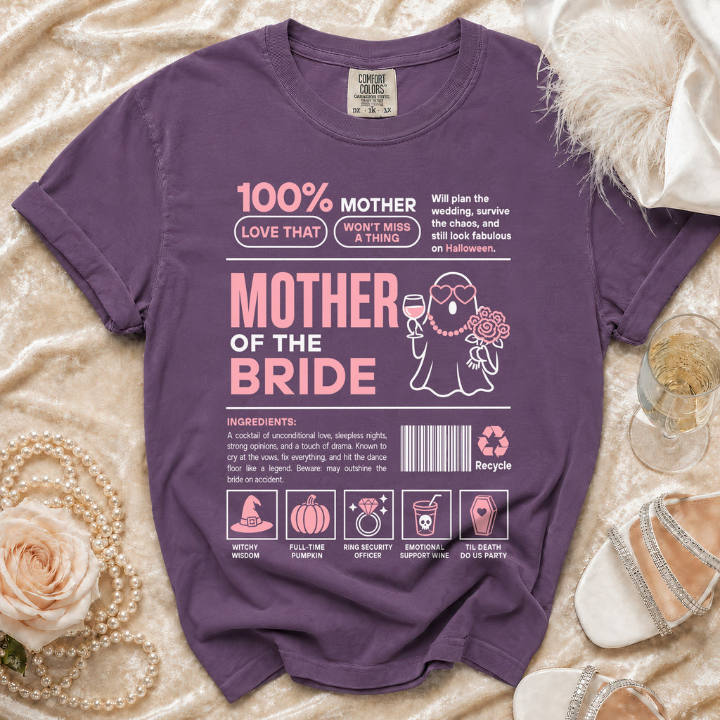 Purple t-shirt with "Mother of the Bride" text and Halloween-themed icons.