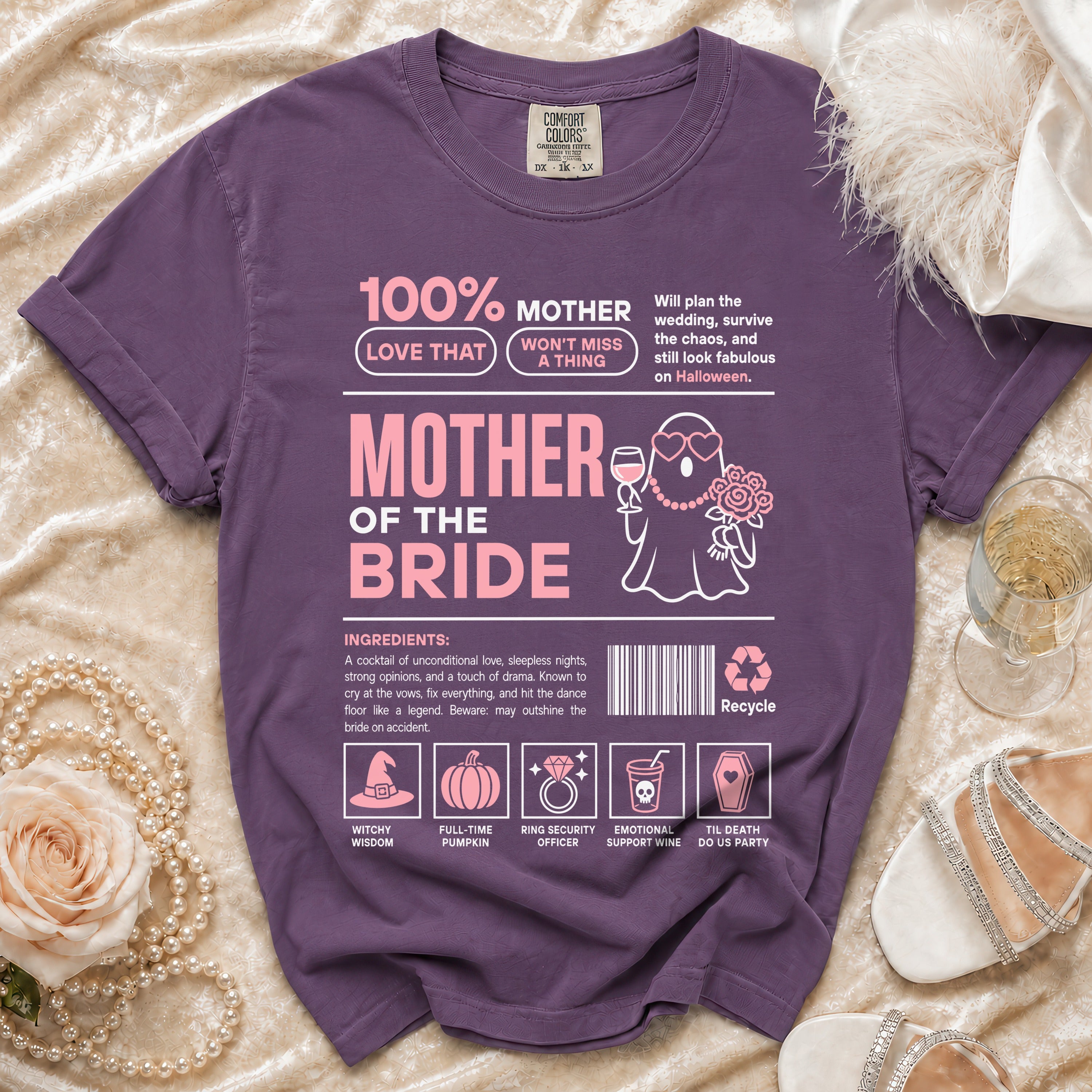 Purple t-shirt with "Mother of the Bride" text and Halloween-themed icons.