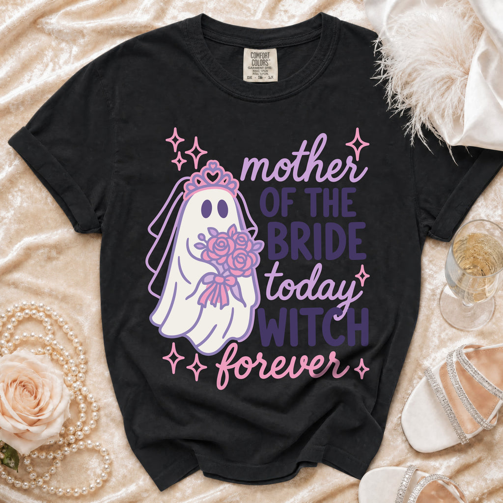 Black t-shirt with ghost bride graphic and text "mother of the bride today witch forever".