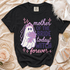 Black t-shirt with ghost bride graphic and text "mother of the bride today witch forever".