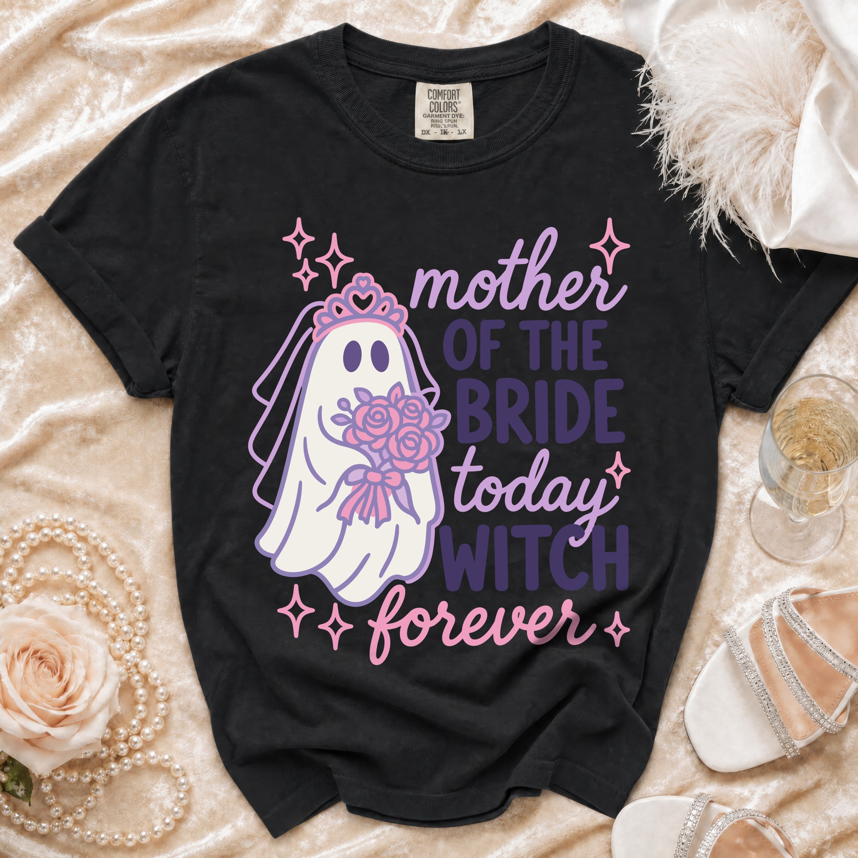Black t-shirt with ghost bride graphic and text "mother of the bride today witch forever".