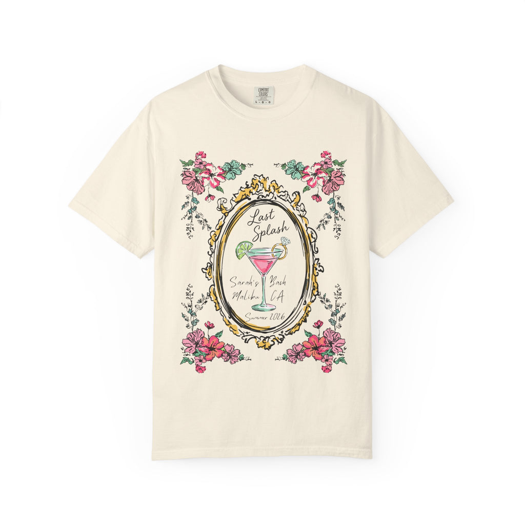 Cream t-shirt with "Last Splash" oval frame design, flowers, and "Summer 2016".