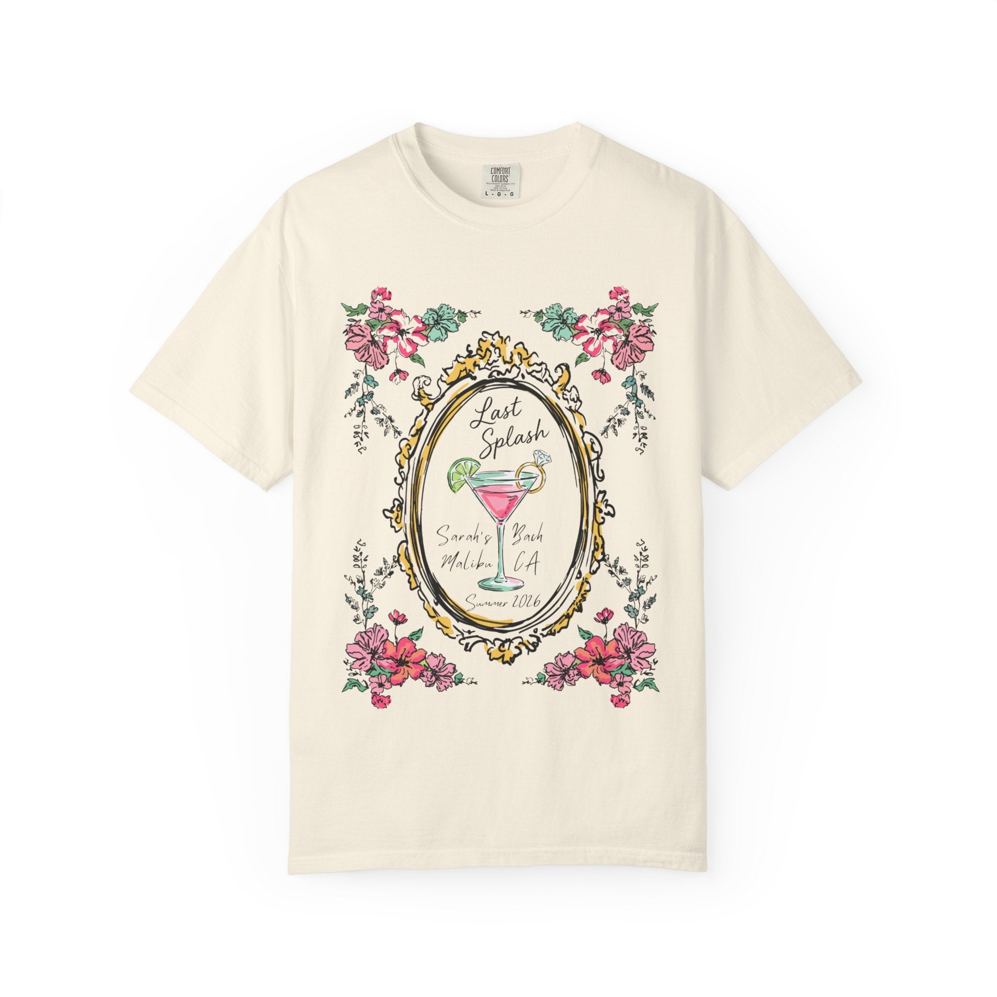 Cream t-shirt with "Last Splash" oval frame design, flowers, and "Summer 2016".