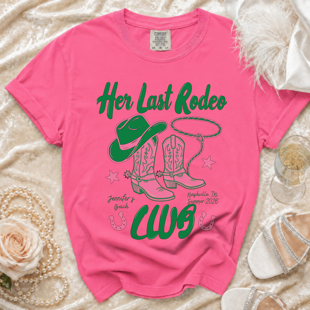 Pink t-shirt with "Her Last Rodeo" cowboy boots and hat graphic.