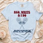 Light blue t-shirt with "Red, White & I Do" and bachelorette details.
