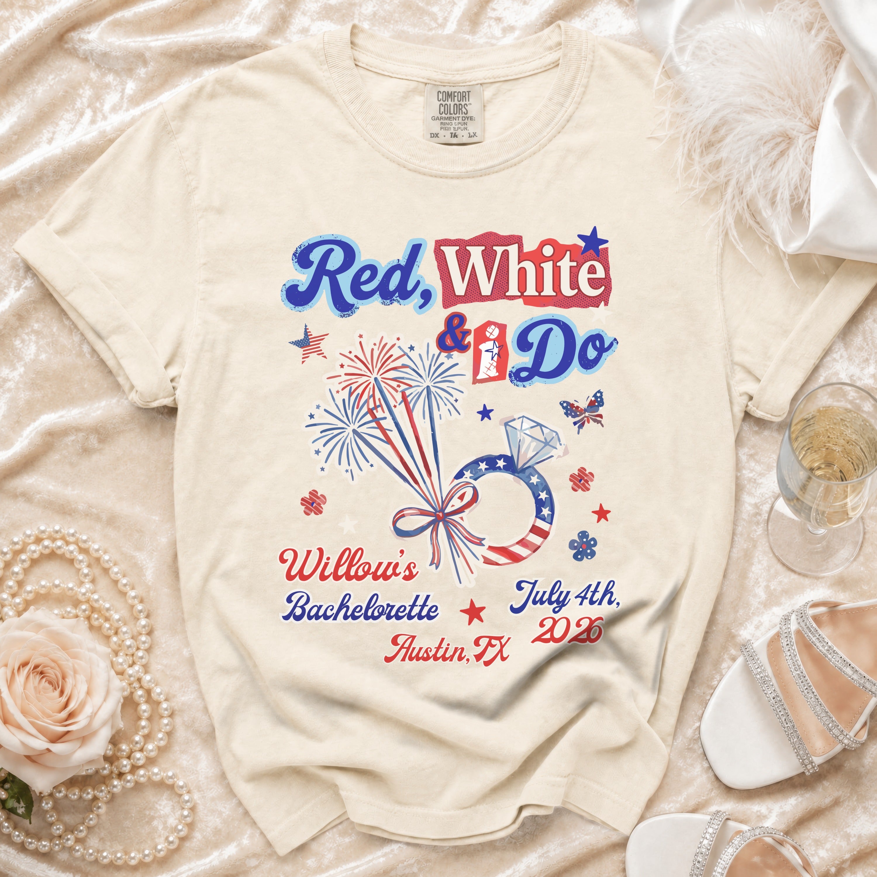 T-shirt for Willow's Bachelorette party with "Red, White & Do" text.