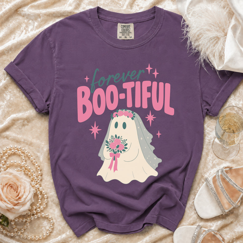 Purple t-shirt with a ghost bride and "forever BOO-TIFUL" text design.