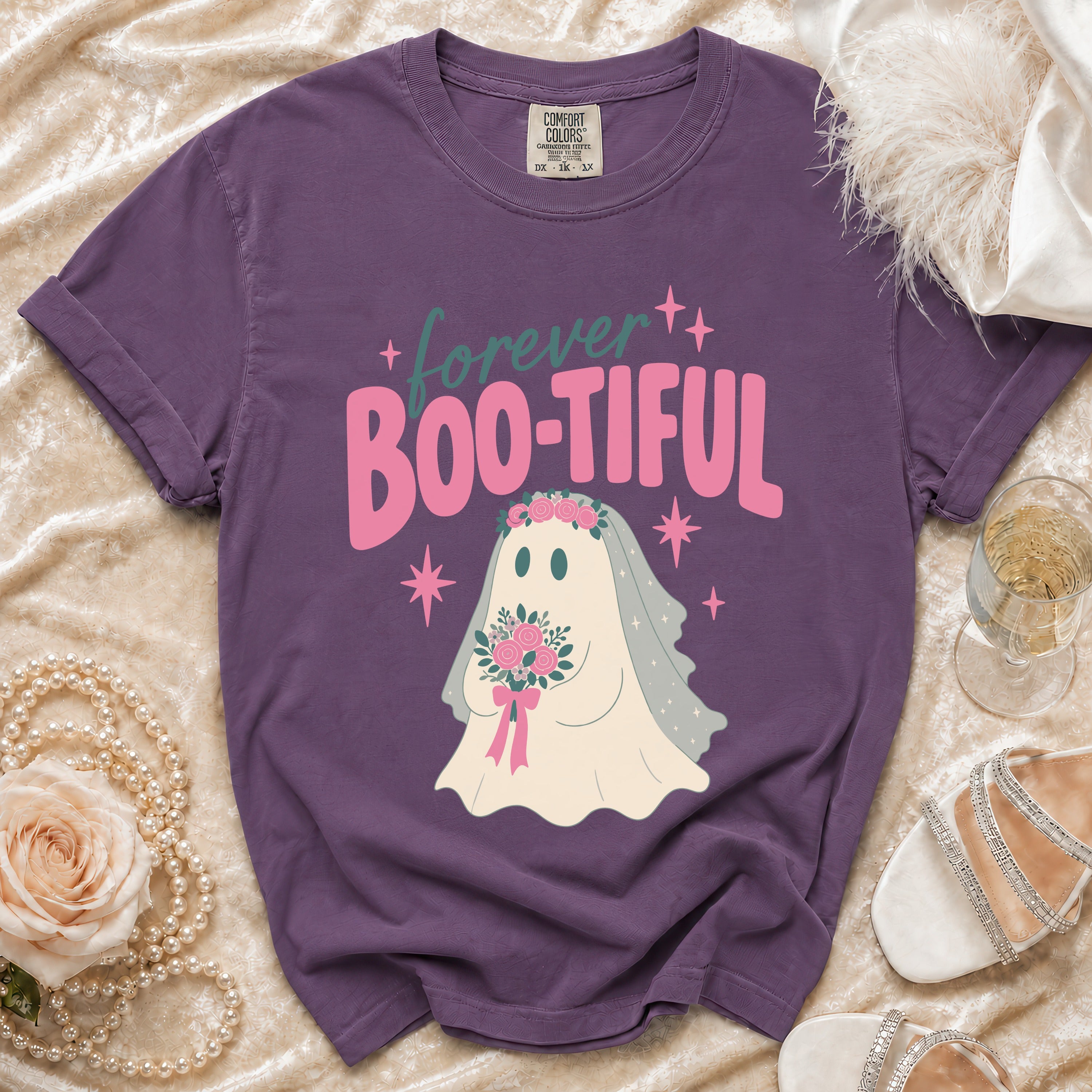 Purple t-shirt with a ghost bride and "forever BOO-TIFUL" text design.