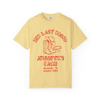 Yellow t-shirt with "Her Last Rodeo" text, cowboy boots, and lasso design.