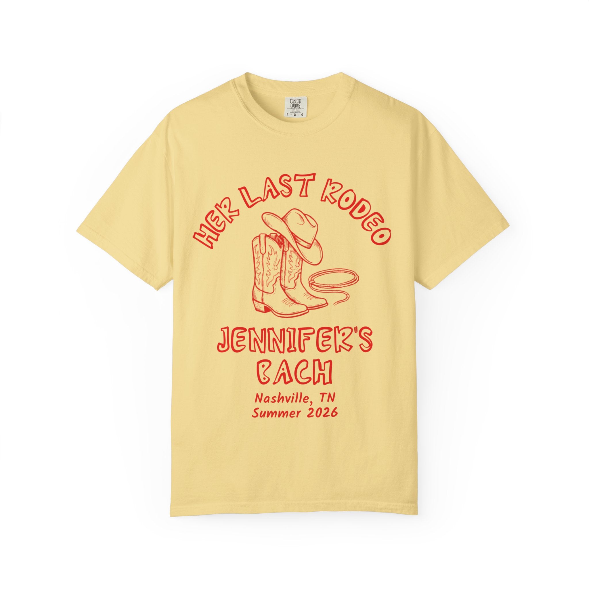 Yellow t-shirt with "Her Last Rodeo" text, cowboy boots, and lasso design.