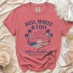 Red, White & I Do bachelorette t-shirt with fireworks and palm trees.