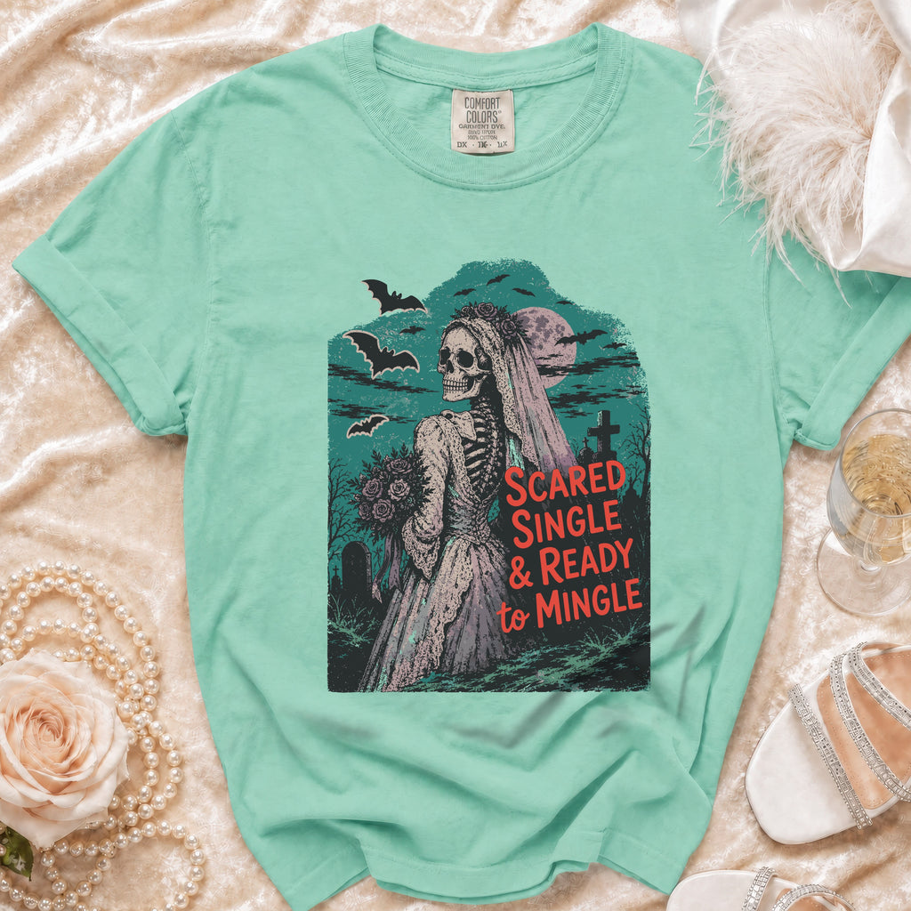 Mint t-shirt with a skeleton bride graphic and "Scared Single & Ready to Mingle" text.