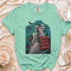 Mint t-shirt with a skeleton bride graphic and "Scared Single & Ready to Mingle" text.