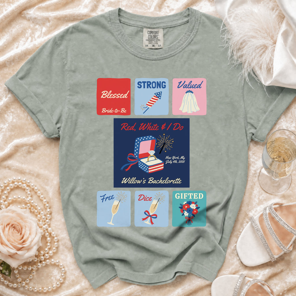T-shirt with "Red, White & I Do" design for a bachelorette party.