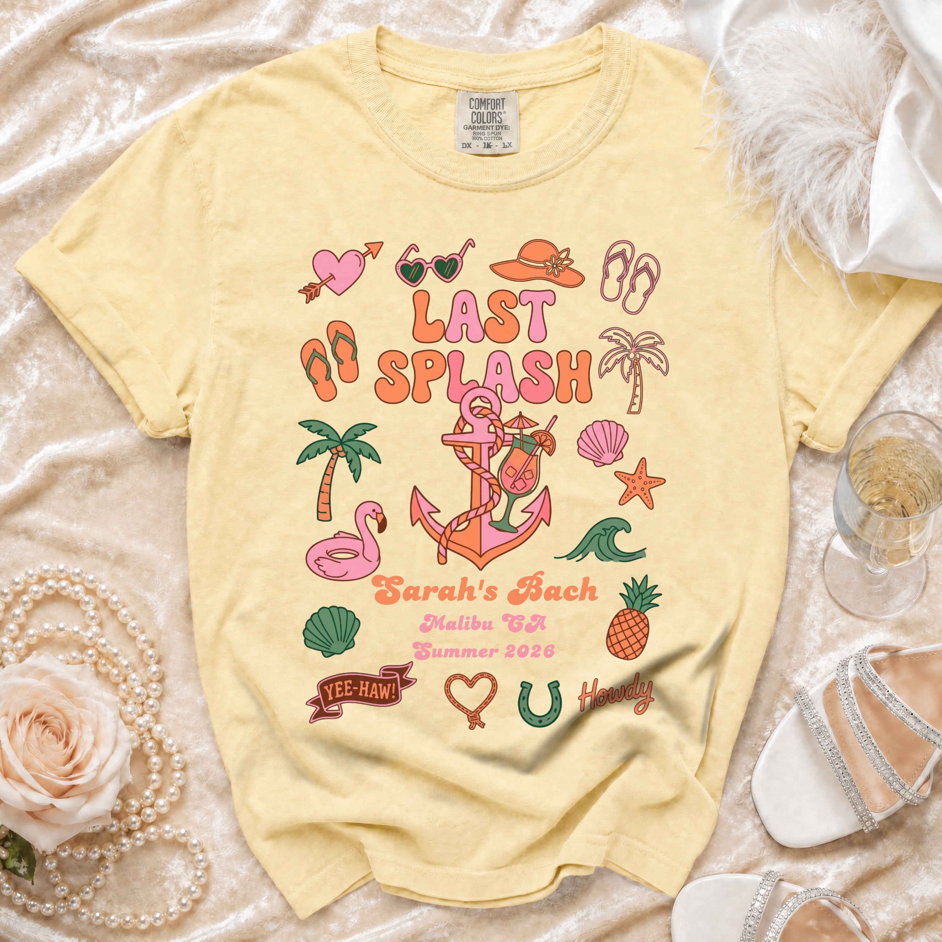 Yellow t-shirt with "Last Splash" text, Sarah's Bach, Malibu CA Summer 2026.