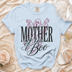 Light blue t-shirt with "MOTHER of the Boo" text and ghost graphic.