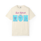 Cream t-shirt with "Last Splash" text and graphics of flowers, cocktail, and champagne glasses.