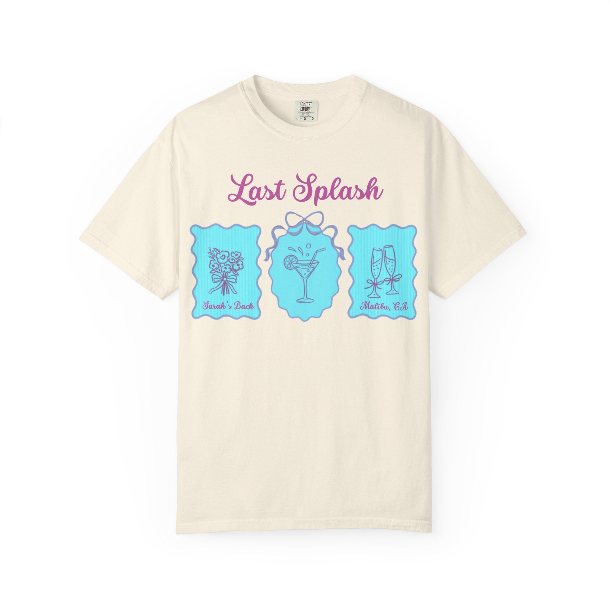 Cream t-shirt with "Last Splash" text and graphics of flowers, cocktail, and champagne glasses.