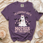 Purple t-shirt with ghost graphic: "I'm Literally Just a Mother of the Bride"