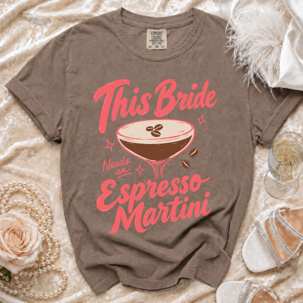 Brown t-shirt with "This Bride Needs an Espresso Martini" graphic and a martini glass.