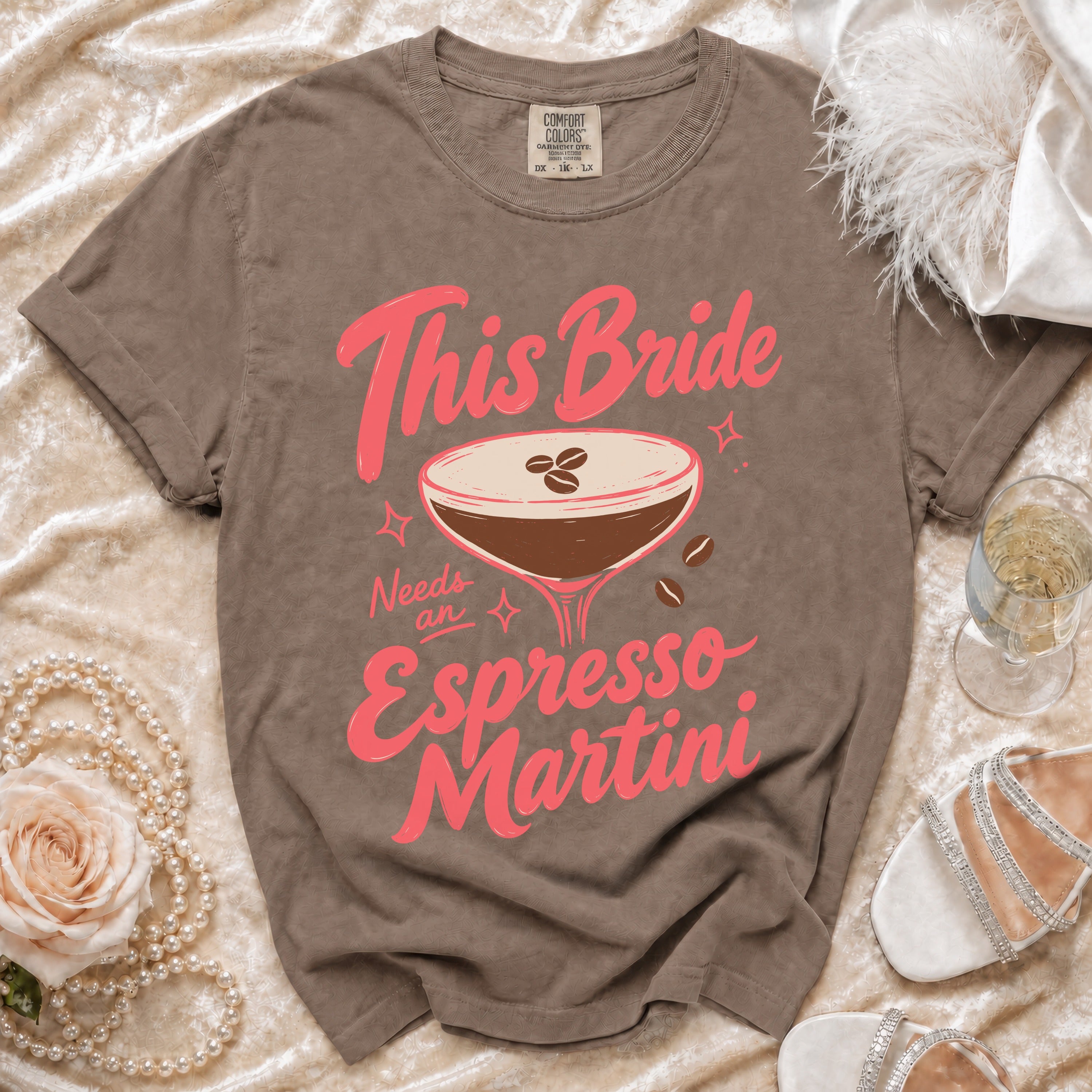Brown t-shirt with "This Bride Needs an Espresso Martini" graphic and a martini glass.
