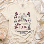 "Red, White & I Do" Willow's Bachelorette shirt with patriotic graphics.