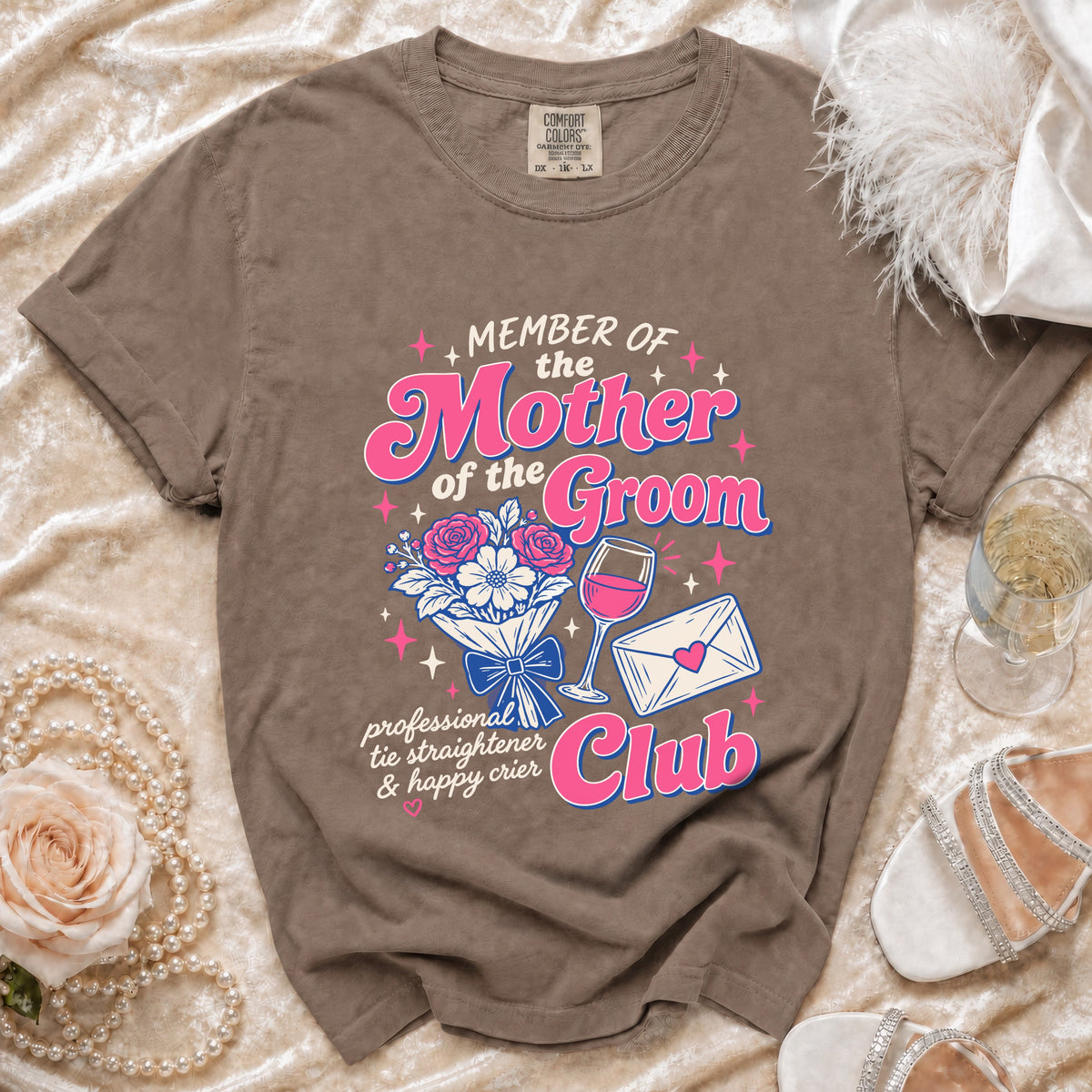 "Member of the Mother of the Groom Club" graphic tee with floral and wine accents.