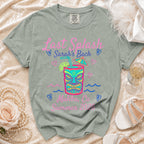 T-shirt with "Last Splash Sarah's Bach Malibu Ca Summer 2020" and tiki mask graphic.