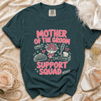 Dark green t-shirt with "Mother of the Groom Support Squad" text and graphics.