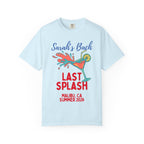Light blue t-shirt with "Sarah's Bach LAST SPLASH MALIBU, CA SUMMER 2026" and cocktail graphic.