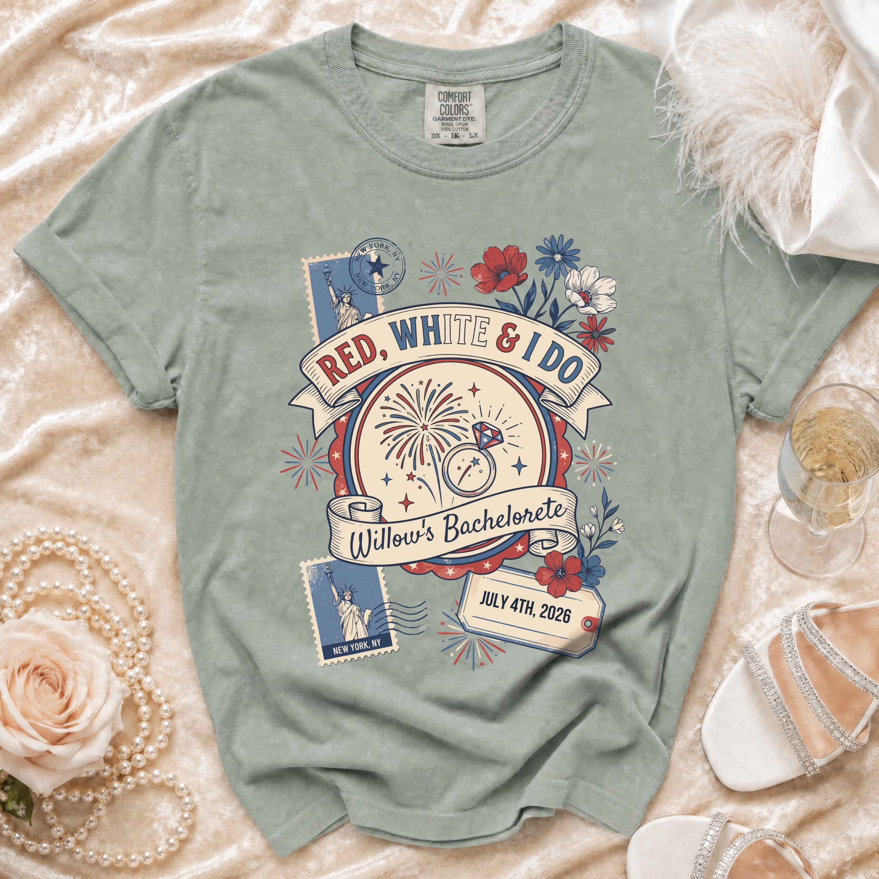 "Red, White & I Do" graphic tee for "Willow's Bachelorette" on July 4th, 2026.