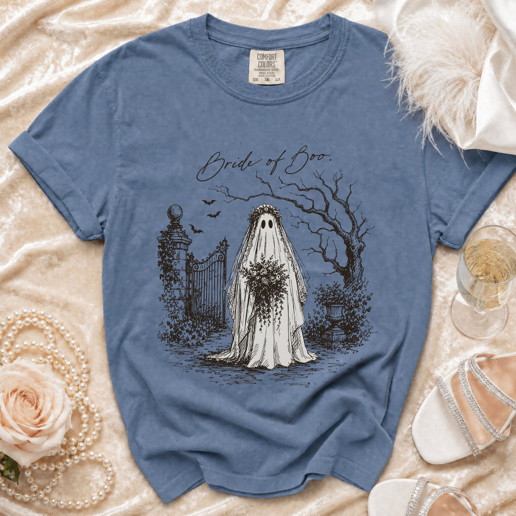 Blue Comfort Colors shirt with "Bride of Boo" ghost graphic and a wedding veil.