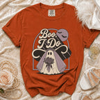 Orange Comfort Colors t-shirt with "Boo, I Do" ghost bride graphic.
