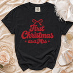 Black t-shirt with red "First Christmas as a Mrs" text and bow.