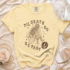 Yellow t-shirt with skeleton bride graphic saying "Til Death Do Us Part".